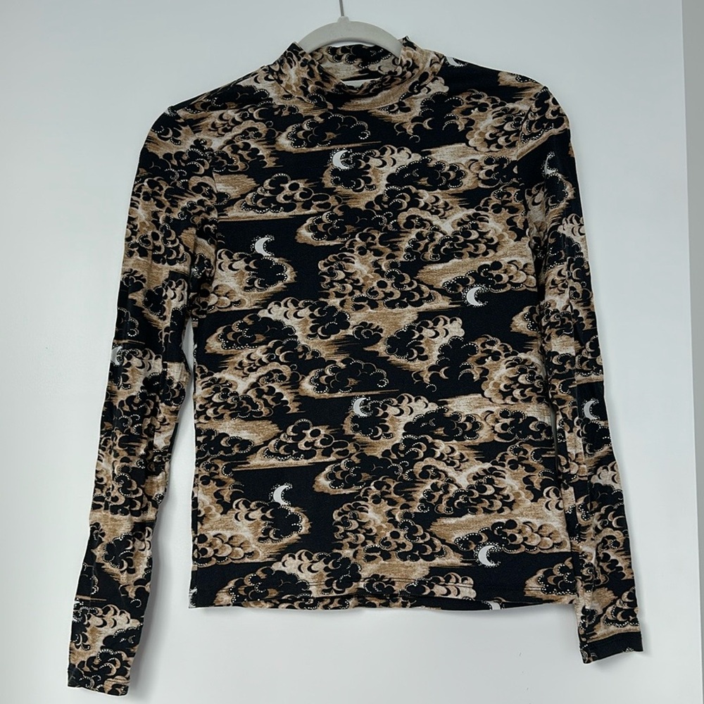 Scotch & Soda Black Gold Wave Print Long Sleeve Turtleneck Top